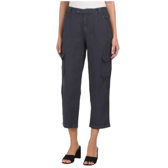 RACHEL Rachel Roy Black Linen Cargo Pants Cropped Elastic Waist Back  Size Large - Picture 1 of 9